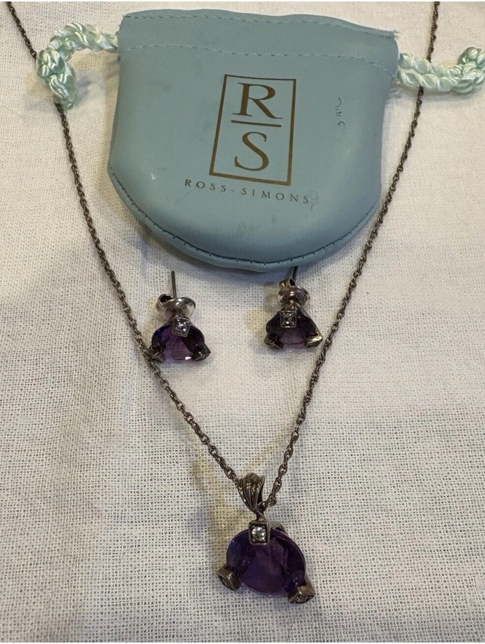 Ross Simon Silver Martini Set Amethyst  Diamond Earrings/ Pendant  18inch Chain